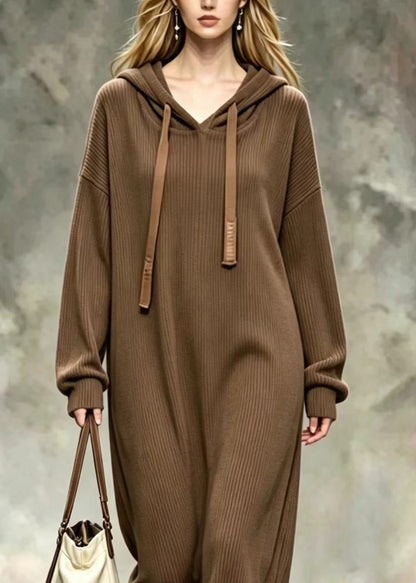 Loose Coffee Hooded Drawstring Corduroy Long Sweatshirt Dress Fall