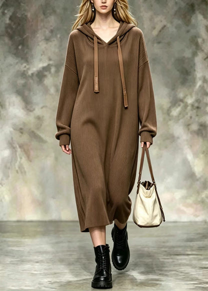Loose Coffee Hooded Drawstring Corduroy Long Sweatshirt Dress Fall
