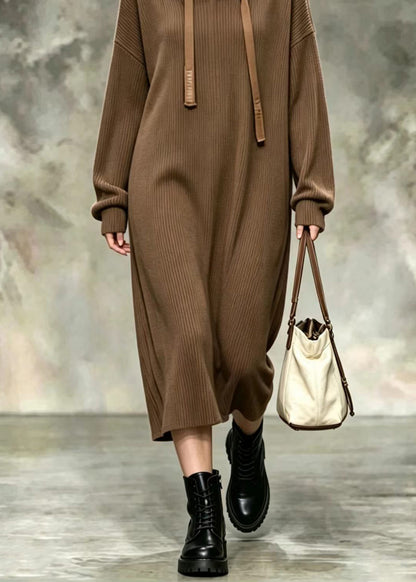 Loose Coffee Hooded Drawstring Corduroy Long Sweatshirt Dress Fall