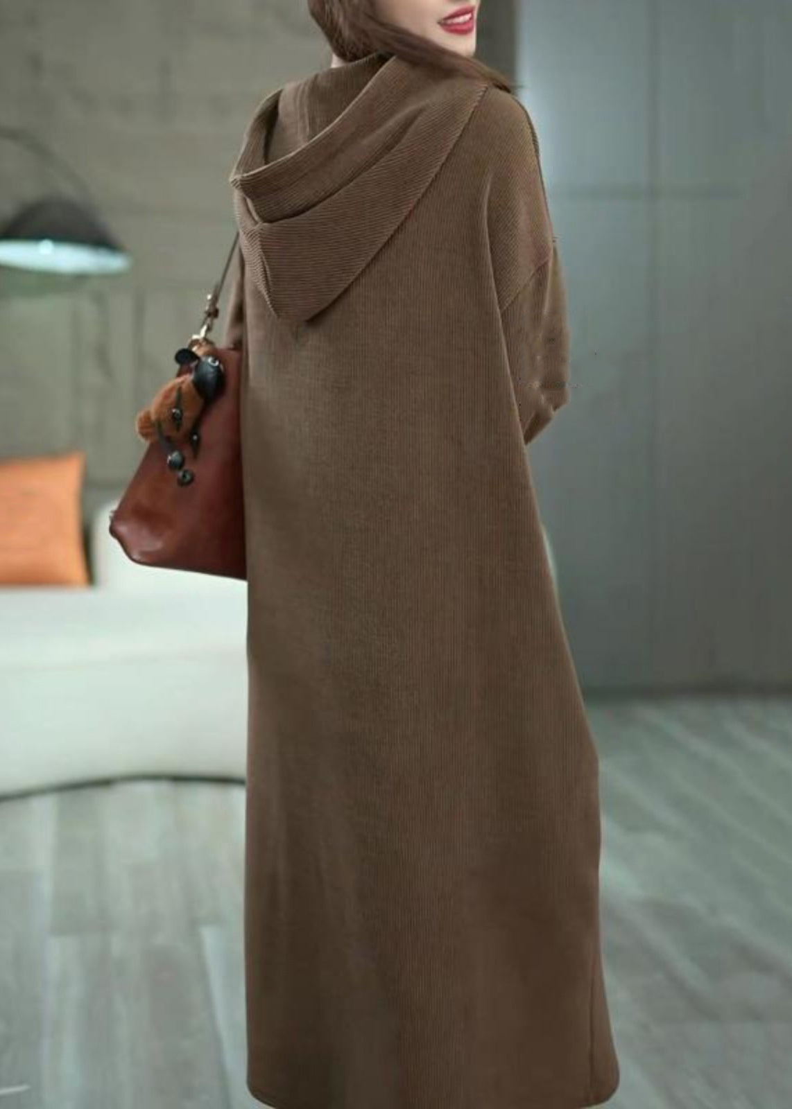 Loose Coffee Hooded Pockets Solid Long Dress Winter