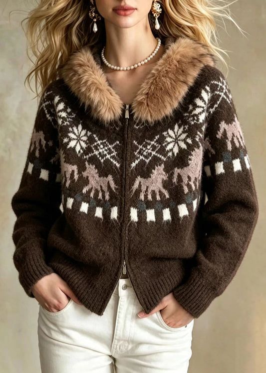 Loose Coffee Jacquard Faux Fur Trim Hooded Double Zip Knit Cardigan Long Sleeve