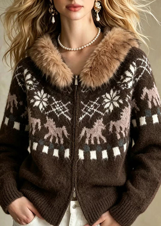 Loose Coffee Jacquard Faux Fur Trim Hooded Double Zip Knit Cardigan Long Sleeve