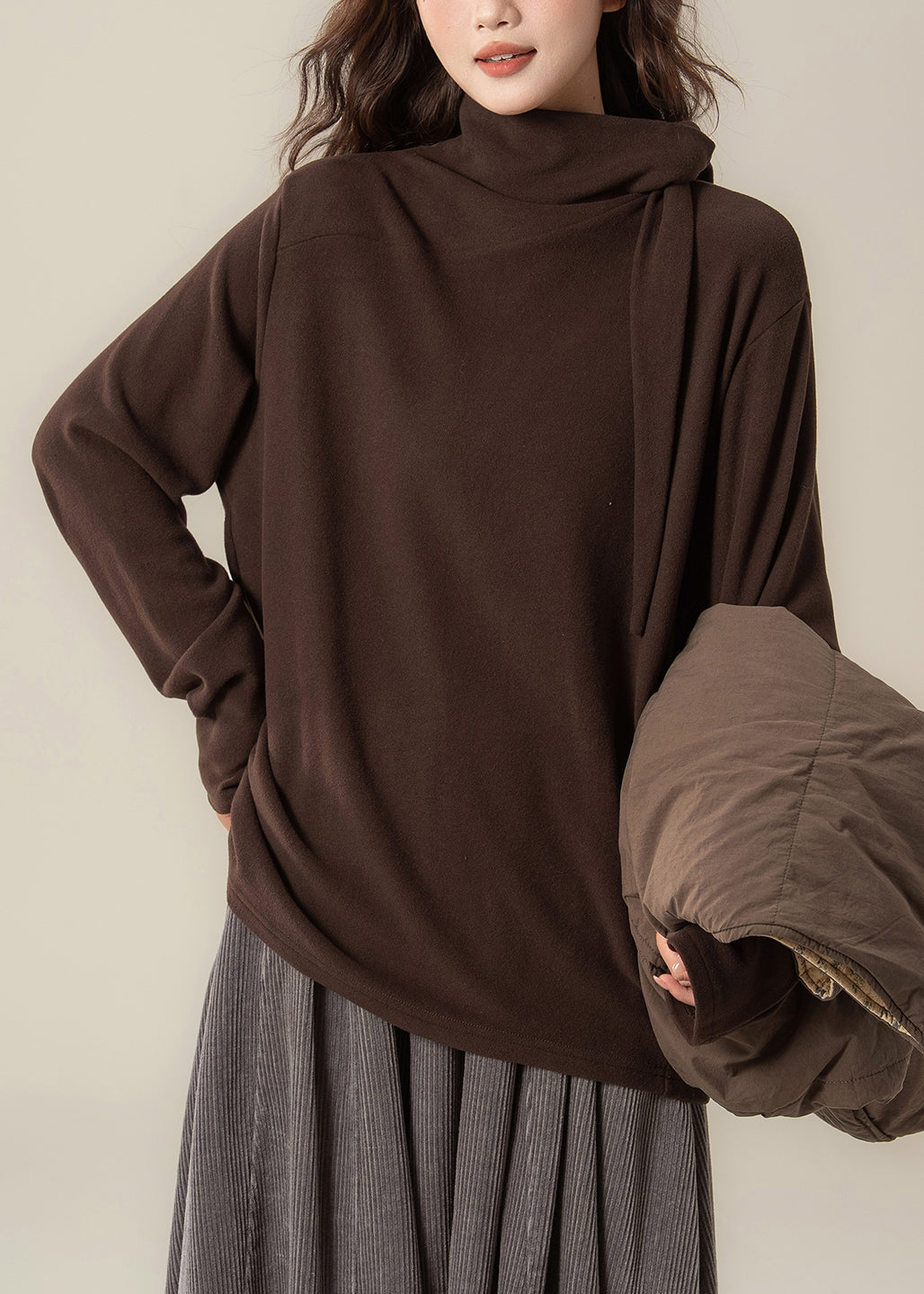 Loose Coffee O Neck Button Cotton Filled Two Piece Set Sleeveless