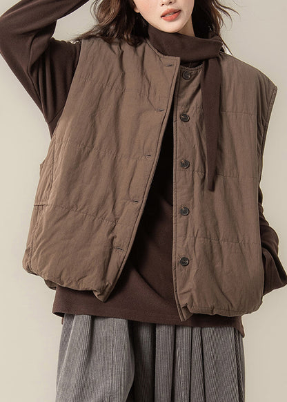 Loose Coffee O Neck Button Cotton Filled Two Piece Set Sleeveless