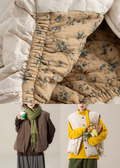 Loose Coffee O Neck Button Cotton Filled Two Piece Set Sleeveless