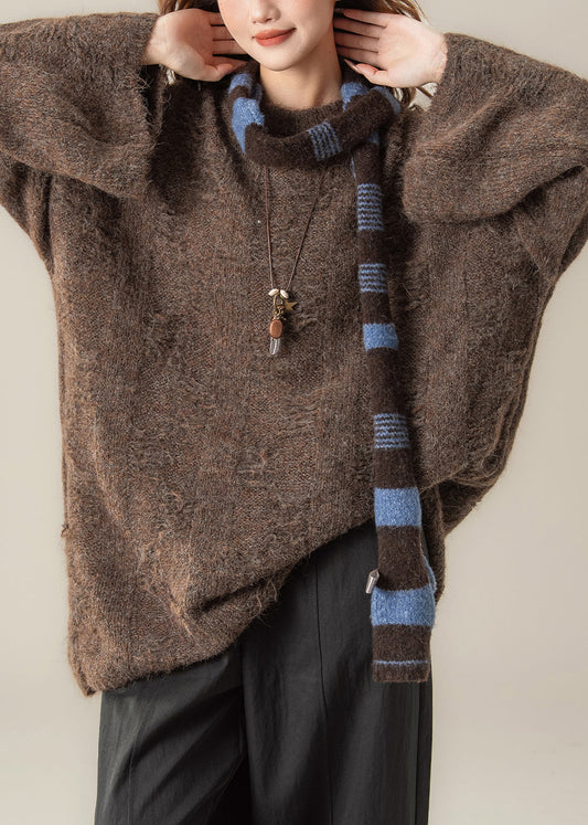 Loose Coffee O Neck Cozy Knit Sweater Tops Spring