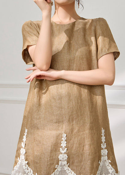 Loose Coffee O-Neck Lace Patchwork Mid Dress Short Sleeve