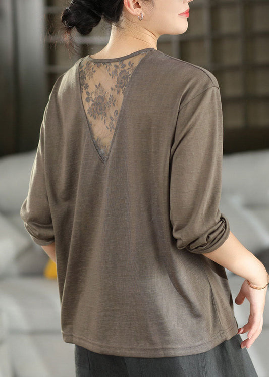 Loose Coffee O-Neck Lace Patchwork Solid T Shirts Long Sleeve