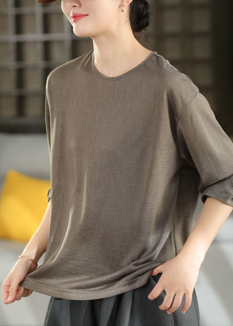 Loose Coffee O-Neck Lace Patchwork Solid T Shirts Long Sleeve