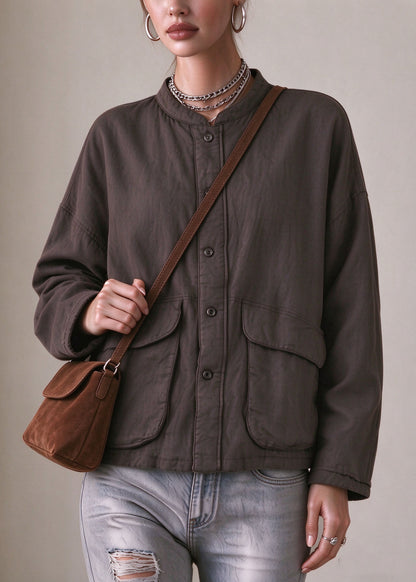 Loose Coffee O-Neck Pockets Warm Linen Coat Long Sleeve
