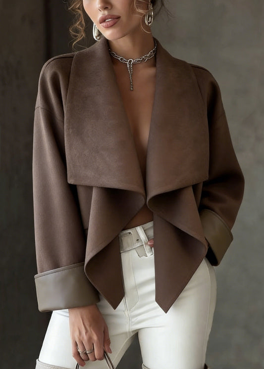 Loose Coffee Peter Pan Collar Faux Suede Solid Coats Spring