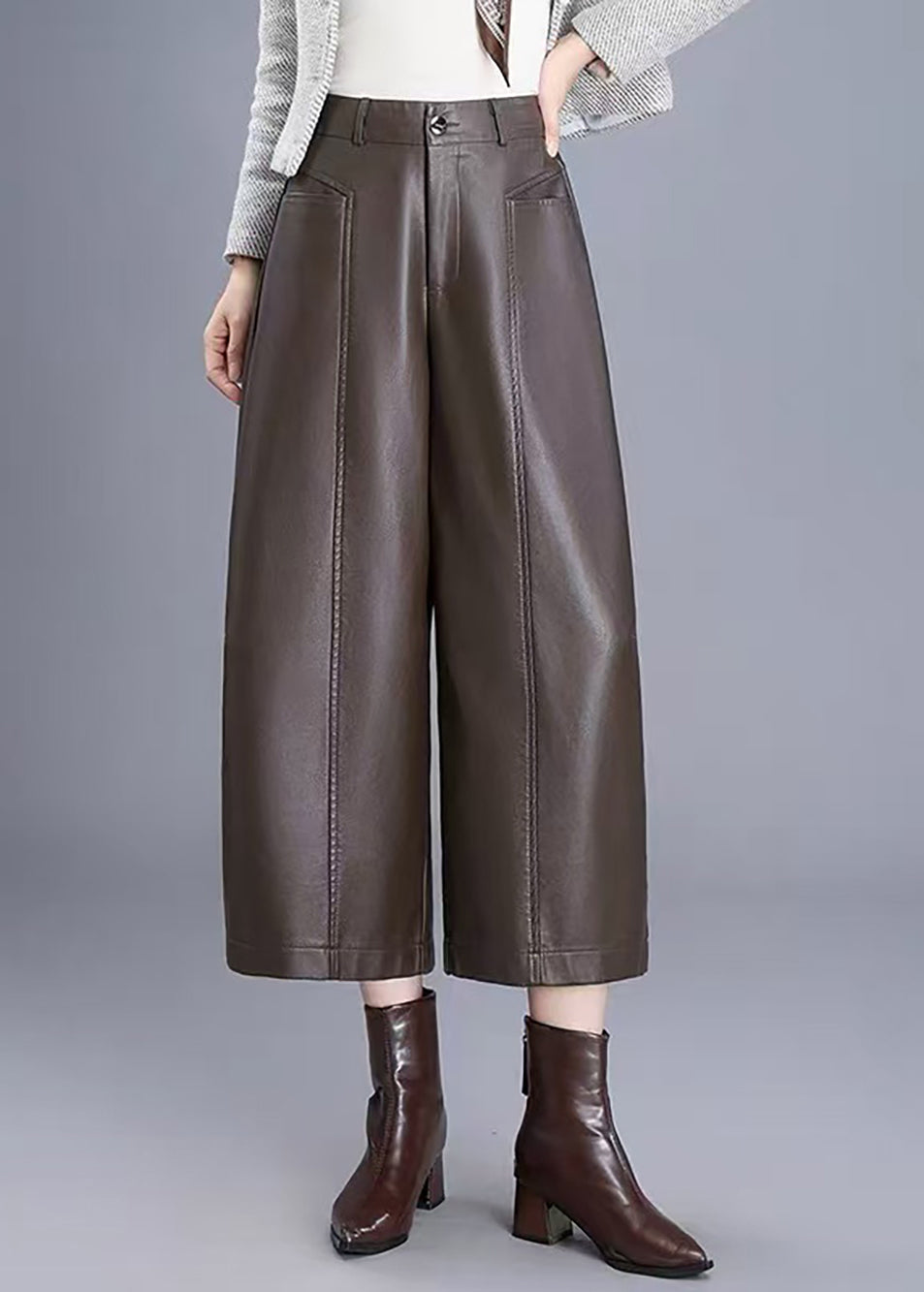 Loose Coffee Pockets High Waist Faux Leather Wide Leg Crop Pants Fall