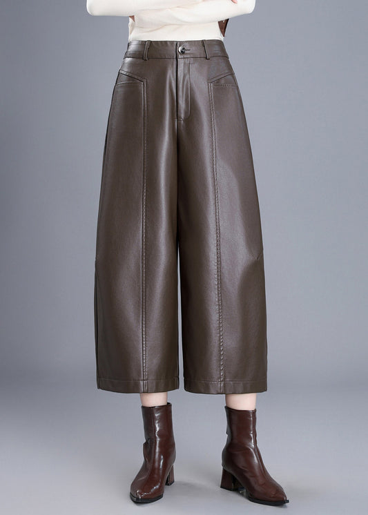 Loose Coffee Pockets High Waist Faux Leather Wide Leg Crop Pants Fall