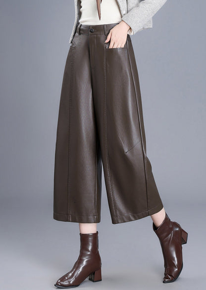 Loose Coffee Pockets High Waist Faux Leather Wide Leg Crop Pants Fall