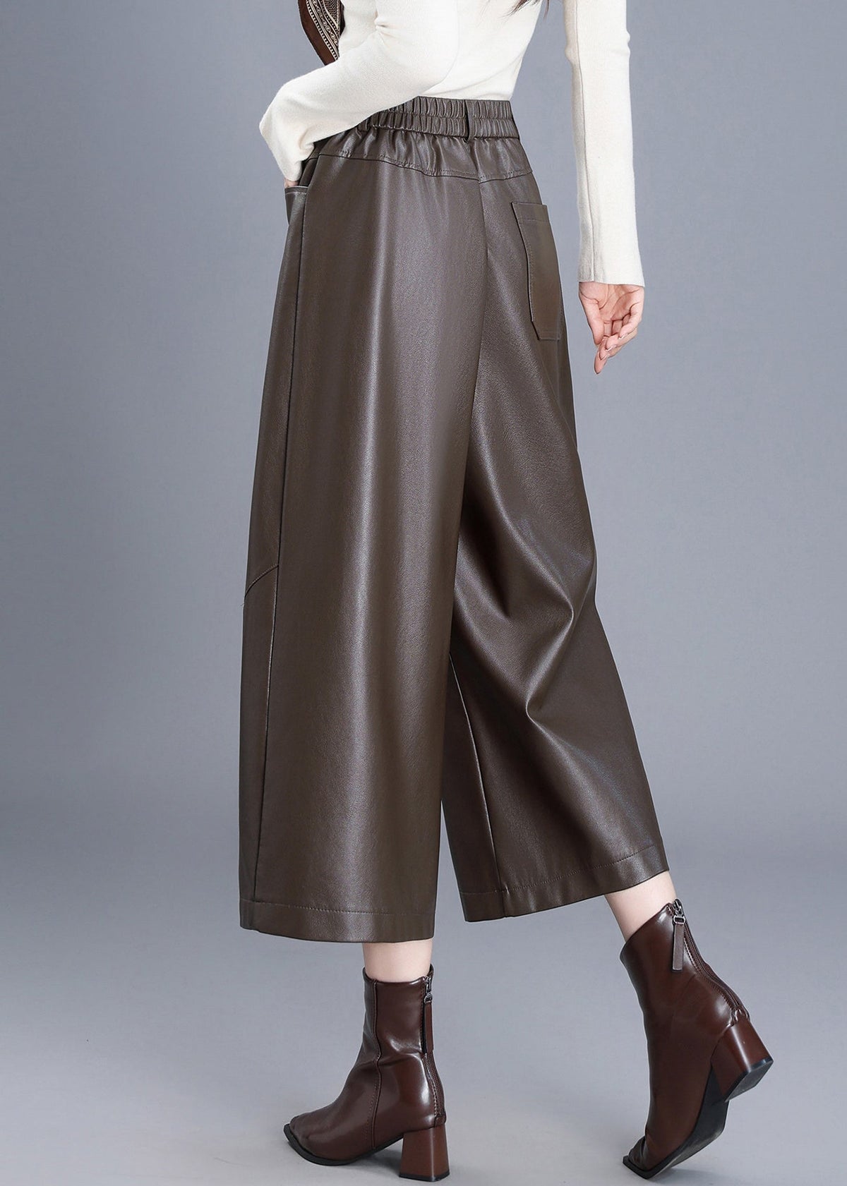 Loose Coffee Pockets High Waist Faux Leather Wide Leg Crop Pants Fall