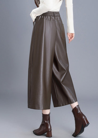 Loose Coffee Pockets High Waist Faux Leather Wide Leg Crop Pants Fall