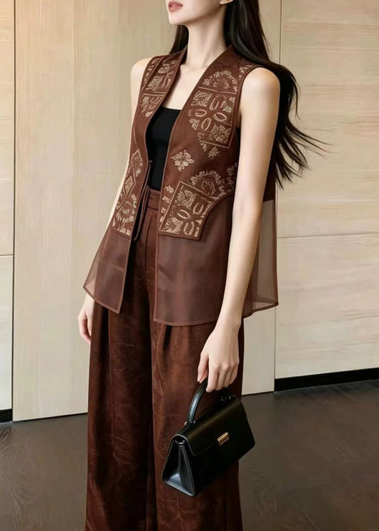 Loose Coffee Print Patchwork Tulle Women Sets 2 Pieces Sleeveless