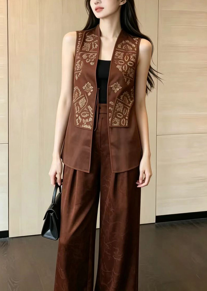 Loose Coffee Print Patchwork Tulle Women Sets 2 Pieces Sleeveless
