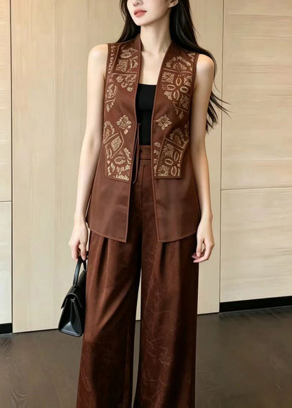 Loose Coffee Print Patchwork Tulle Women Sets 2 Pieces Sleeveless