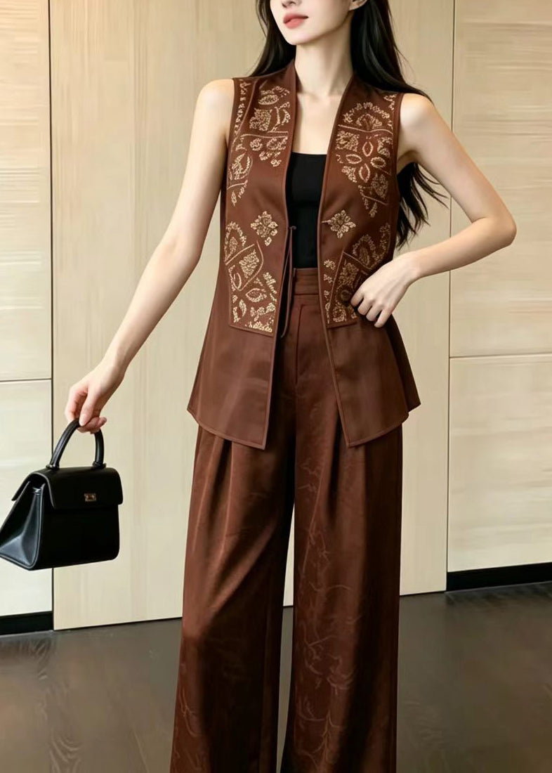 Loose Coffee Print Patchwork Tulle Women Sets 2 Pieces Sleeveless