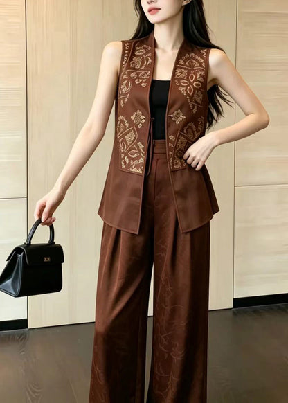 Loose Coffee Print Patchwork Tulle Women Sets 2 Pieces Sleeveless