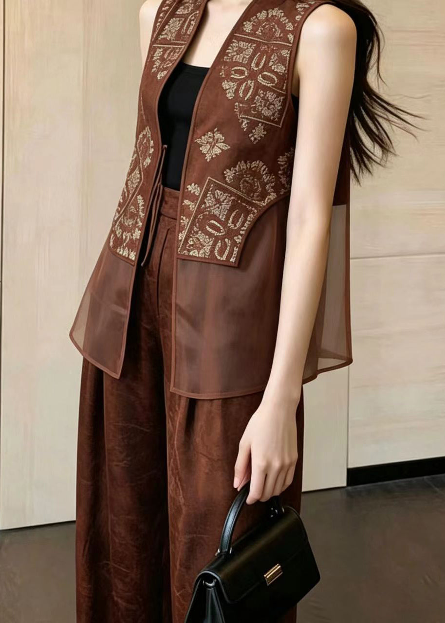 Loose Coffee Print Patchwork Tulle Women Sets 2 Pieces Sleeveless