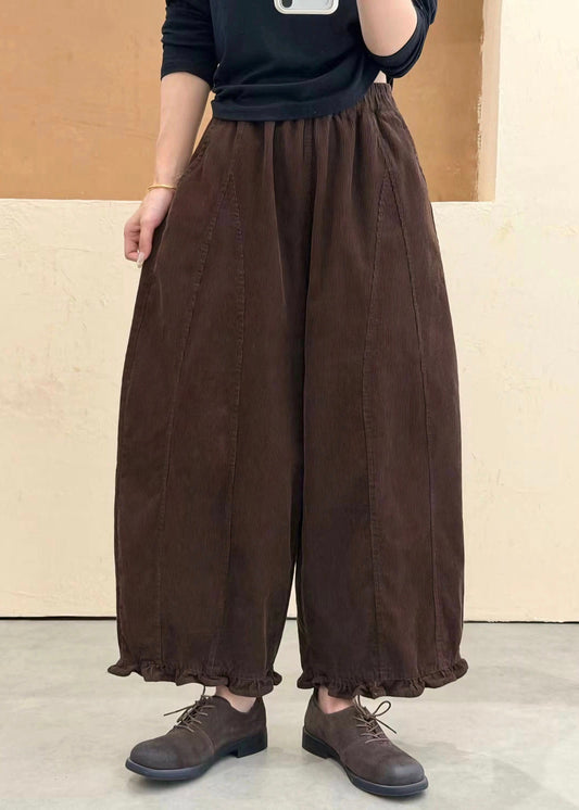 Loose Coffee Ruffled Pockets Patchwork Cotton Pants Fall