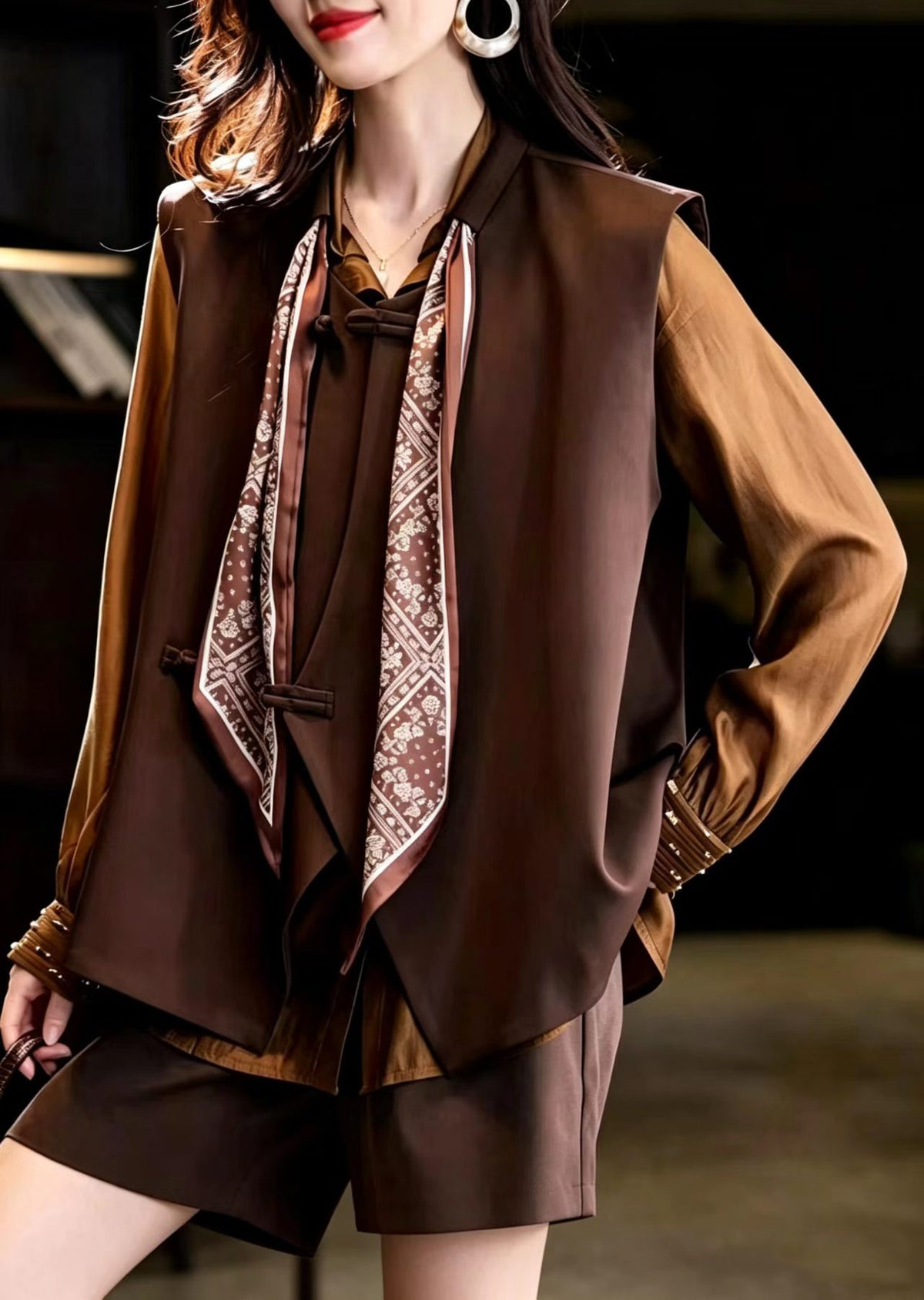 Loose Coffee Scarf Frog Button Waistcoat Tops Sleeveless