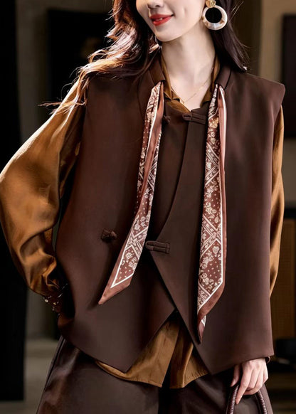 Loose Coffee Scarf Frog Button Waistcoat Tops Sleeveless