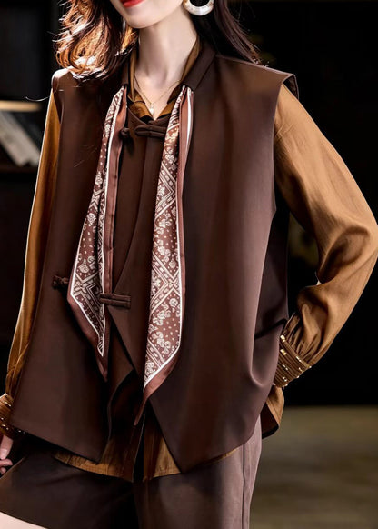 Loose Coffee Scarf Frog Button Waistcoat Tops Sleeveless