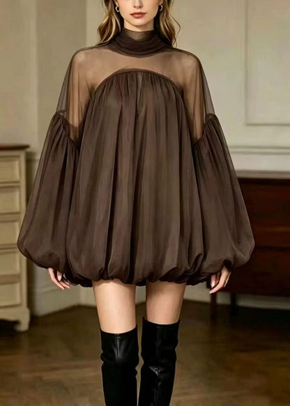 Loose Coffee Sheer Tulle Patchwork Bubble Hem Dresses Lantern Sleeve
