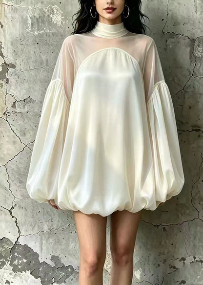 Loose Coffee Sheer Tulle Patchwork Bubble Hem Dresses Lantern Sleeve