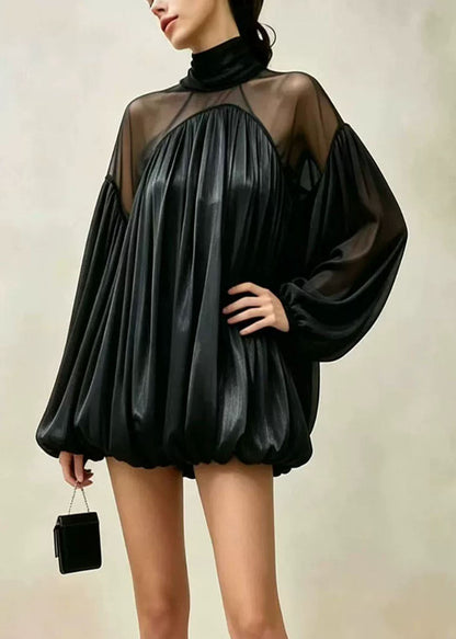 Loose Coffee Sheer Tulle Patchwork Bubble Hem Dresses Lantern Sleeve