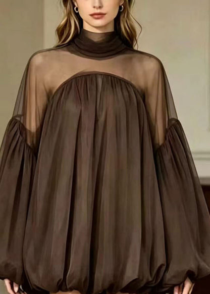 Loose Coffee Sheer Tulle Patchwork Bubble Hem Dresses Lantern Sleeve