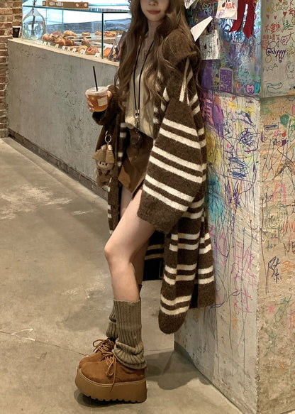 Loose Coffee Striped Patchwork Knit Long Cardigan Spring