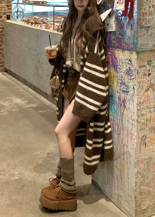 Loose Coffee Striped Patchwork Knit Long Cardigan Spring