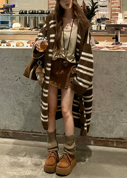 Loose Coffee Striped Patchwork Knit Long Cardigan Spring