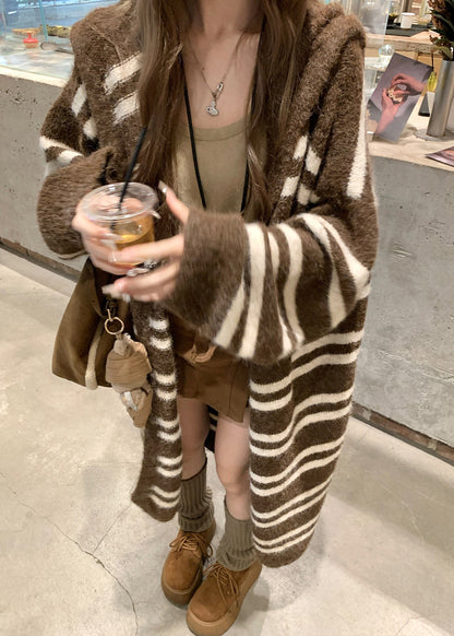 Loose Coffee Striped Patchwork Knit Long Cardigan Spring