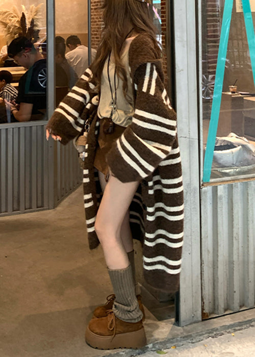 Loose Coffee Striped Patchwork Knit Long Cardigan Spring