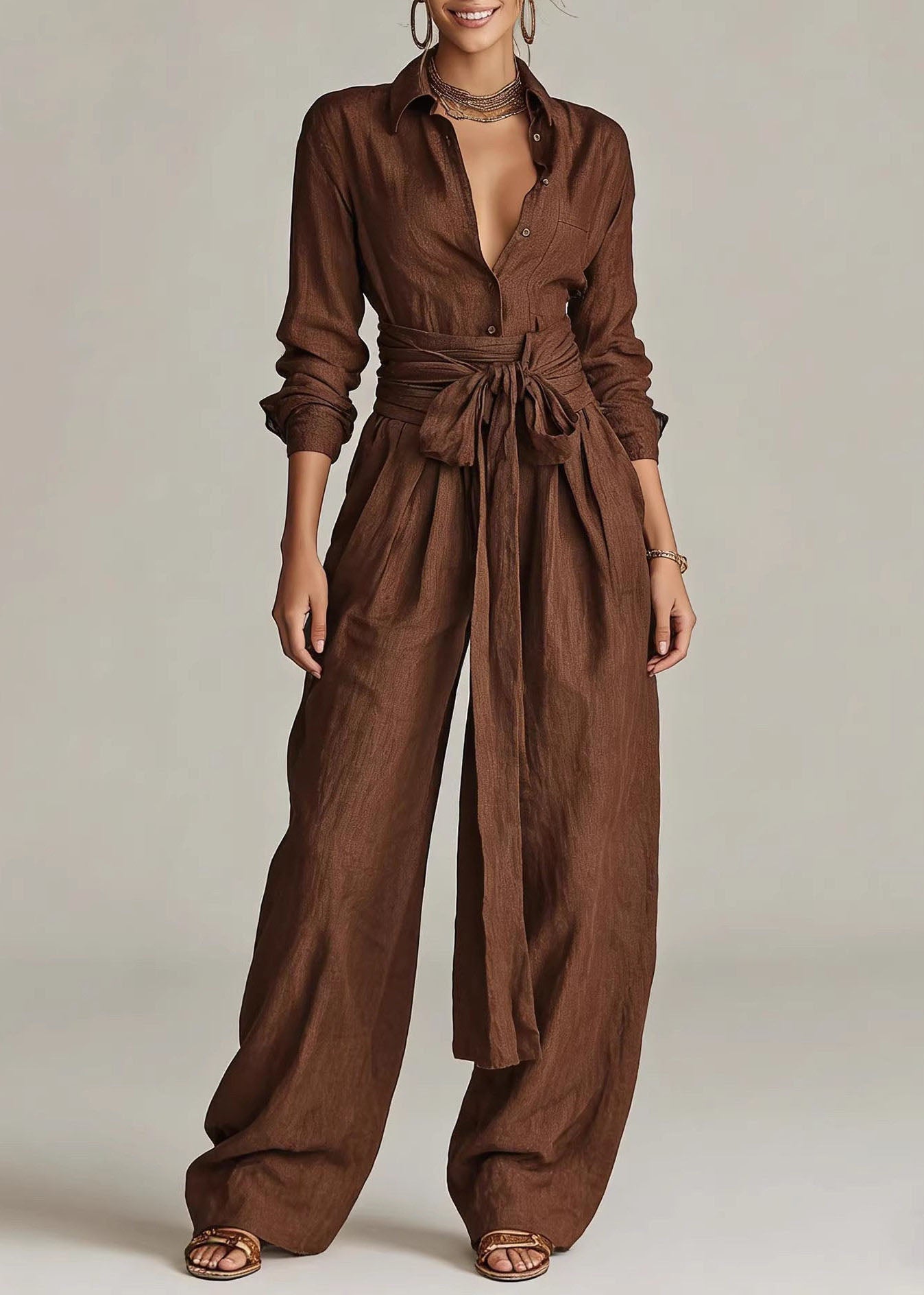 Loose Coffee Turn-down Collar Tie Waist Jumpsuit Long Sleeve