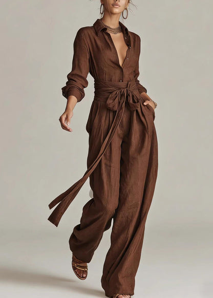 Loose Coffee Turn-down Collar Tie Waist Jumpsuit Long Sleeve