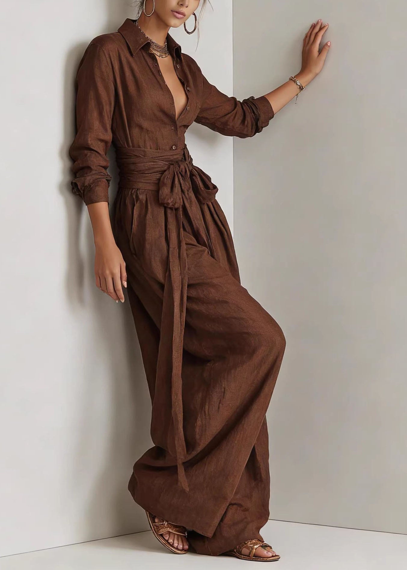 Loose Coffee Turn-down Collar Tie Waist Jumpsuit Long Sleeve