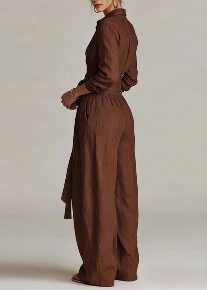 Loose Coffee Turn-down Collar Tie Waist Jumpsuit Long Sleeve