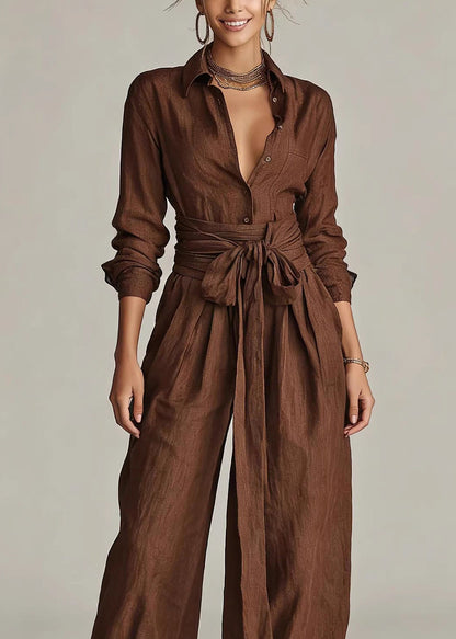 Loose Coffee Turn-down Collar Tie Waist Jumpsuit Long Sleeve