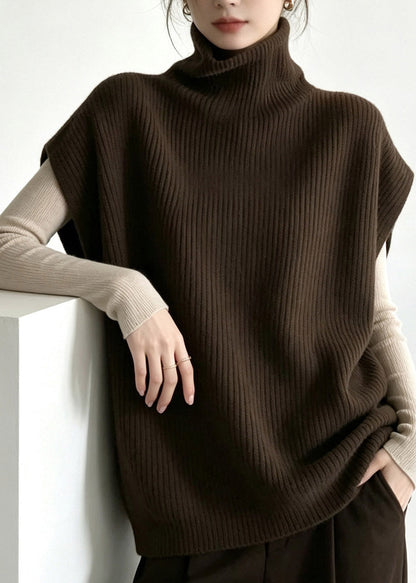 Loose Coffee Turtleneck Warm Cotton Knit Waistcoat Short Sleeve