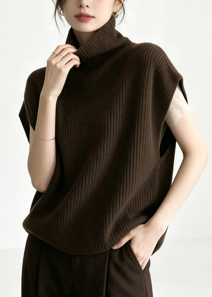 Loose Coffee Turtleneck Warm Cotton Knit Waistcoat Short Sleeve