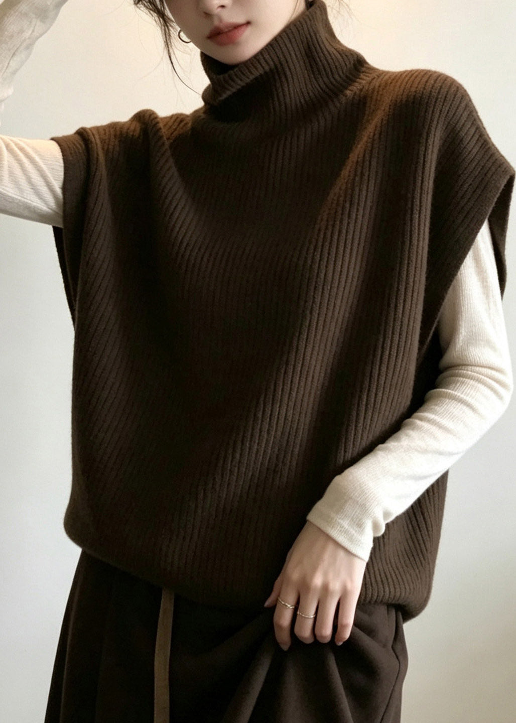Loose Coffee Turtleneck Warm Cotton Knit Waistcoat Short Sleeve