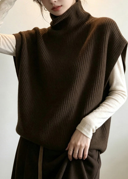 Loose Coffee Turtleneck Warm Cotton Knit Waistcoat Short Sleeve