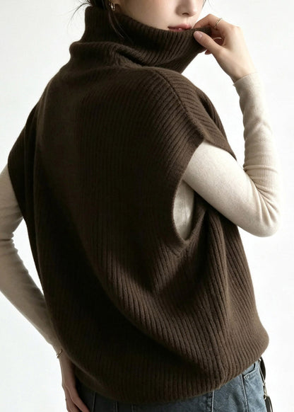 Loose Coffee Turtleneck Warm Cotton Knit Waistcoat Short Sleeve
