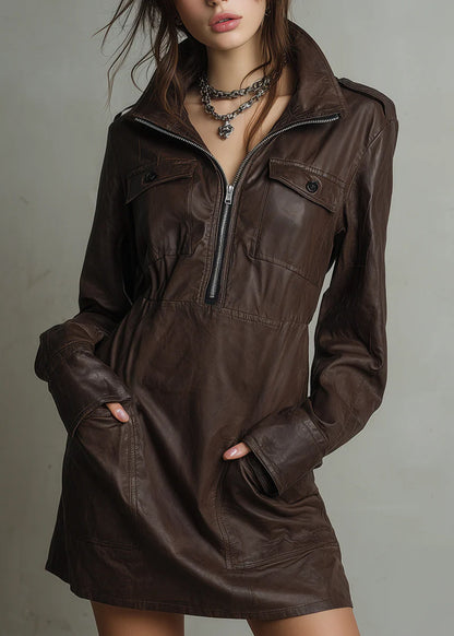 Loose Coffee Zip Up Pockets Faux Leather Mid Dress Spring